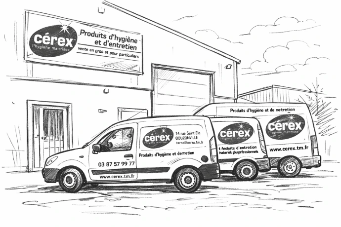 Dessin des véhicules de livraison Cerex devant leur entrepôt